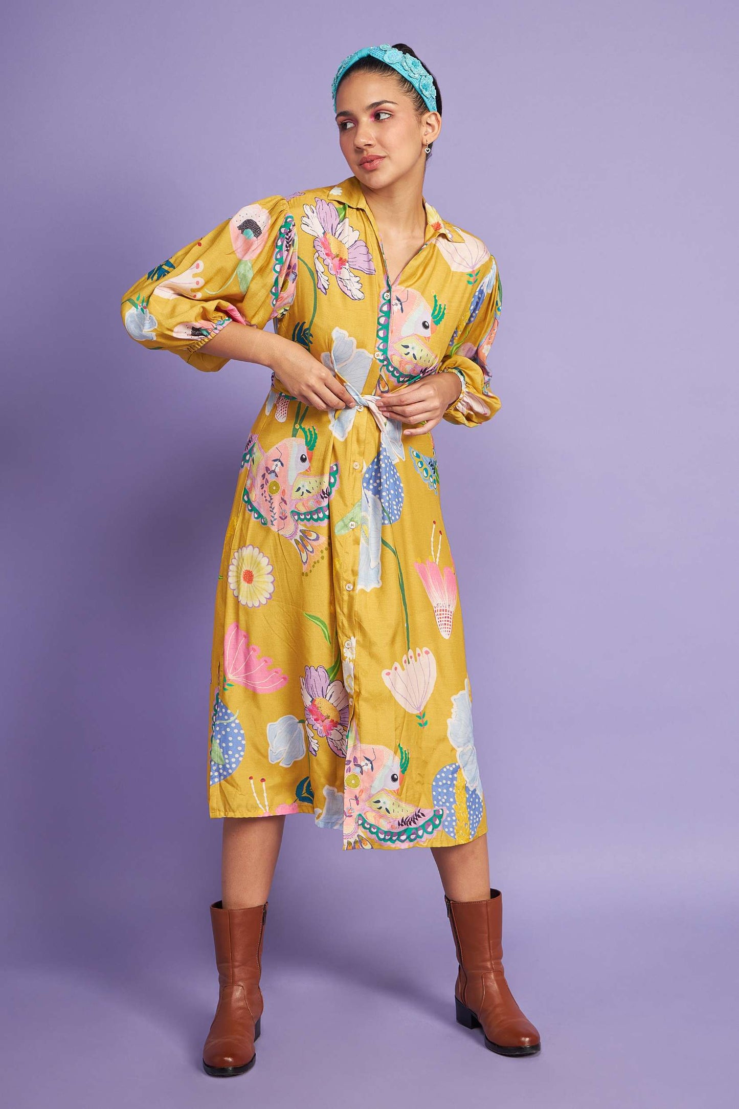 Birdie Mustard Waist Tie Dress