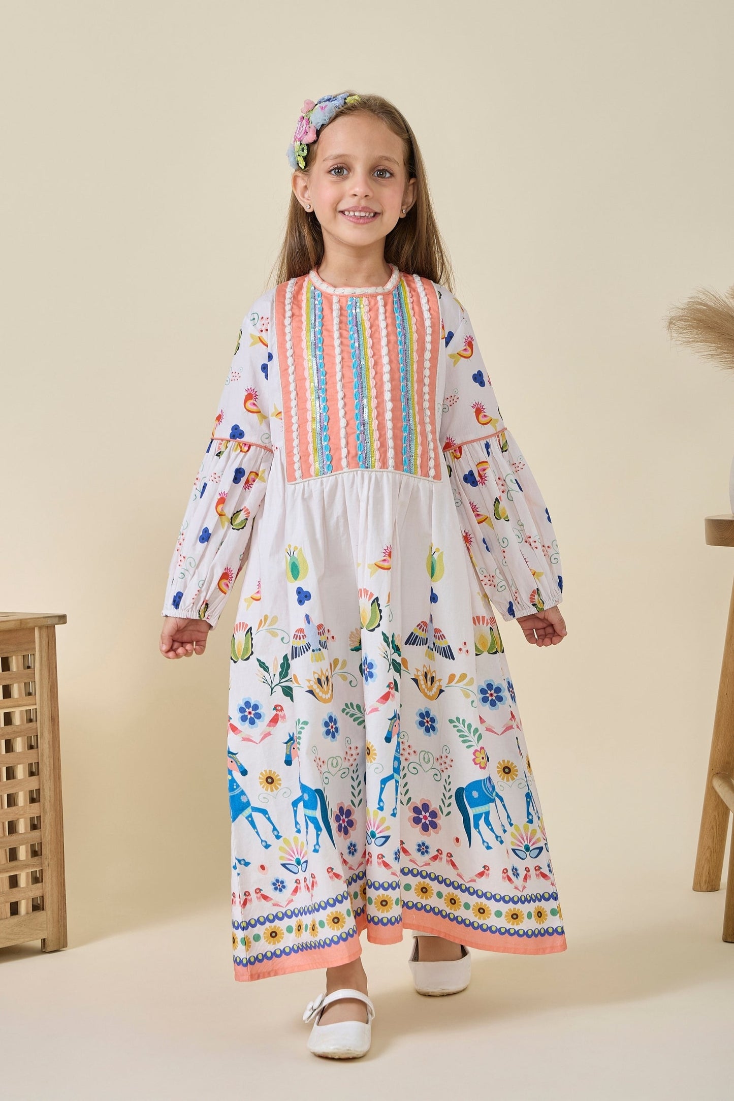 Cuckoo Horse Embellished Girls Long Dress