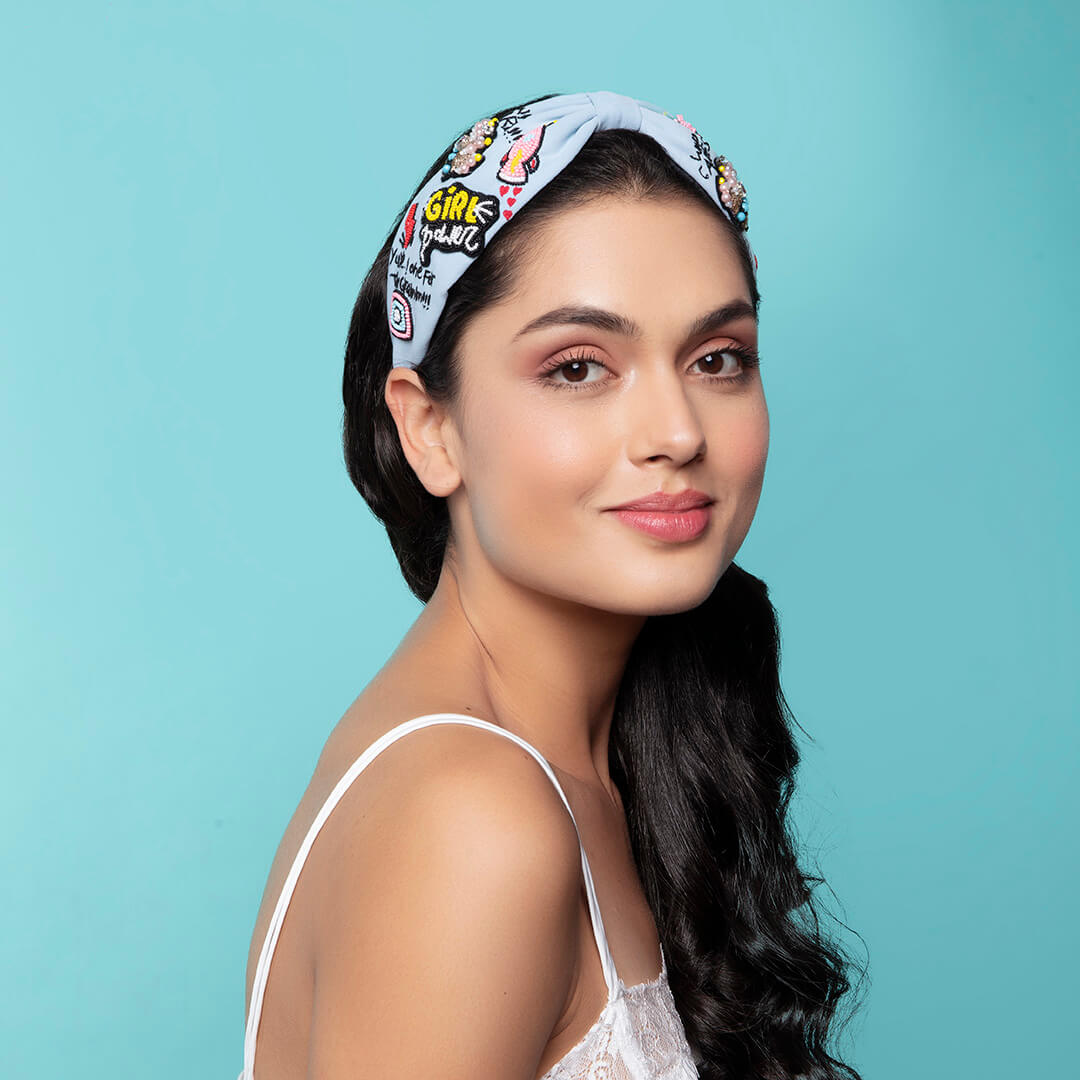 Alba Graffiti Blue Hand Embroidered Headband/Hairband- Joey & Pooh