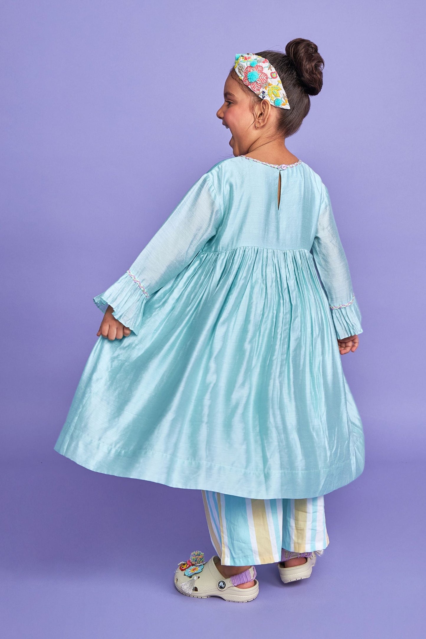 Sparrow Blue Hand Embroidered Cotton/Silk Kids Dress Co-ord Set - Joey & Pooh