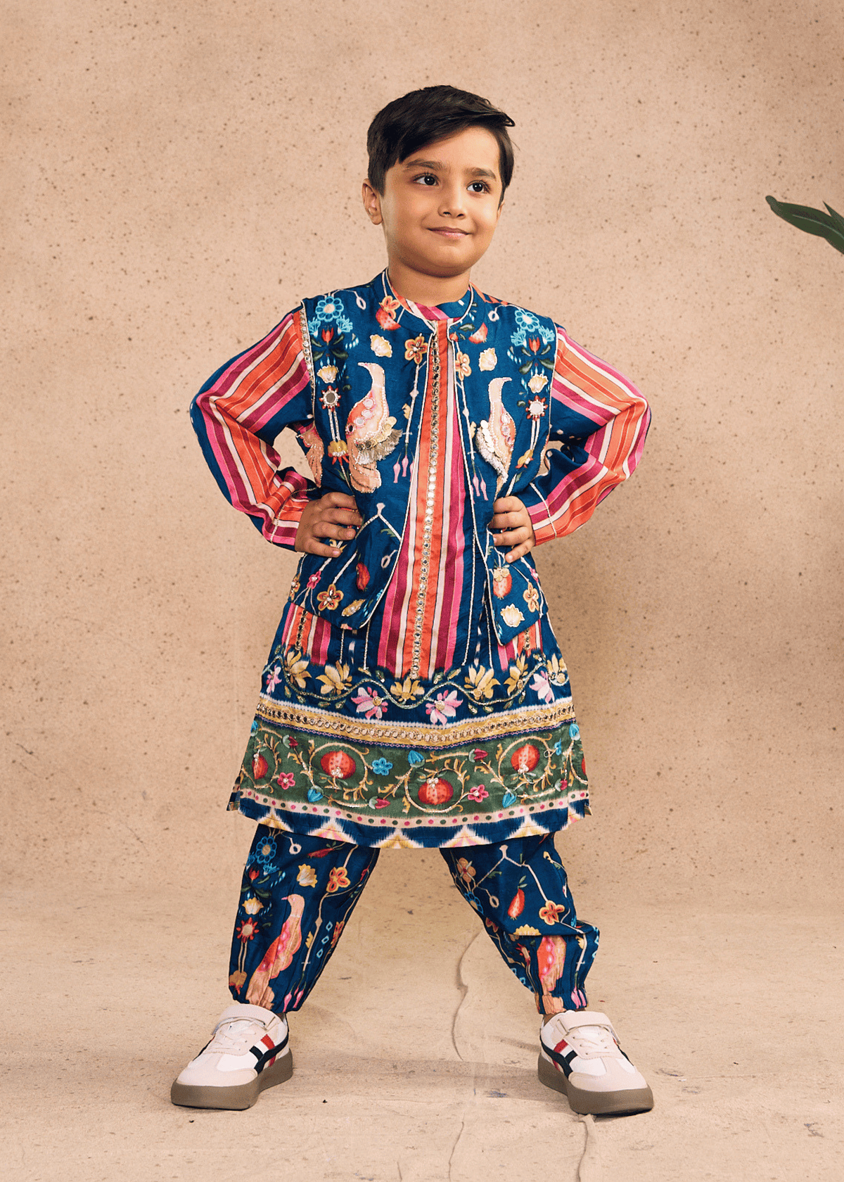 Dalia Navy Stripe Boys Embellished Kurta Coord & Bundi (Set of 3 pcs)