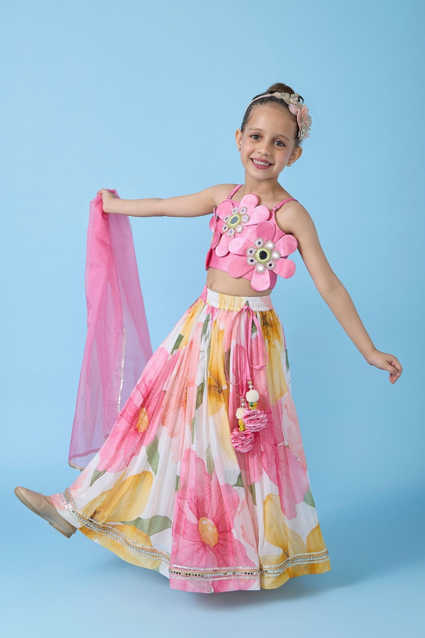 Blooming Meadows Skirt With Floral Top and Dupatta ( 3 Pc Set)
