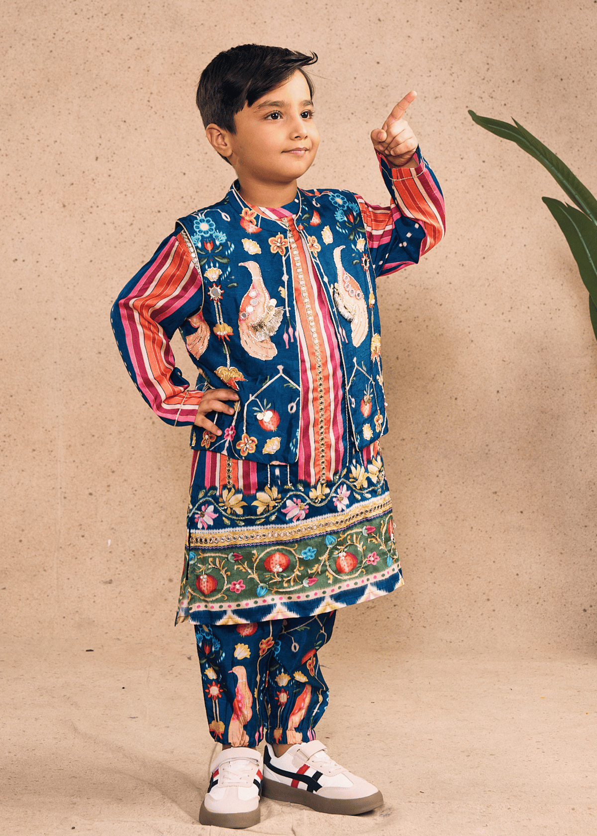 Dalia Navy Stripe Boys Embellished Kurta Coord & Bundi (Set of 3 pcs)