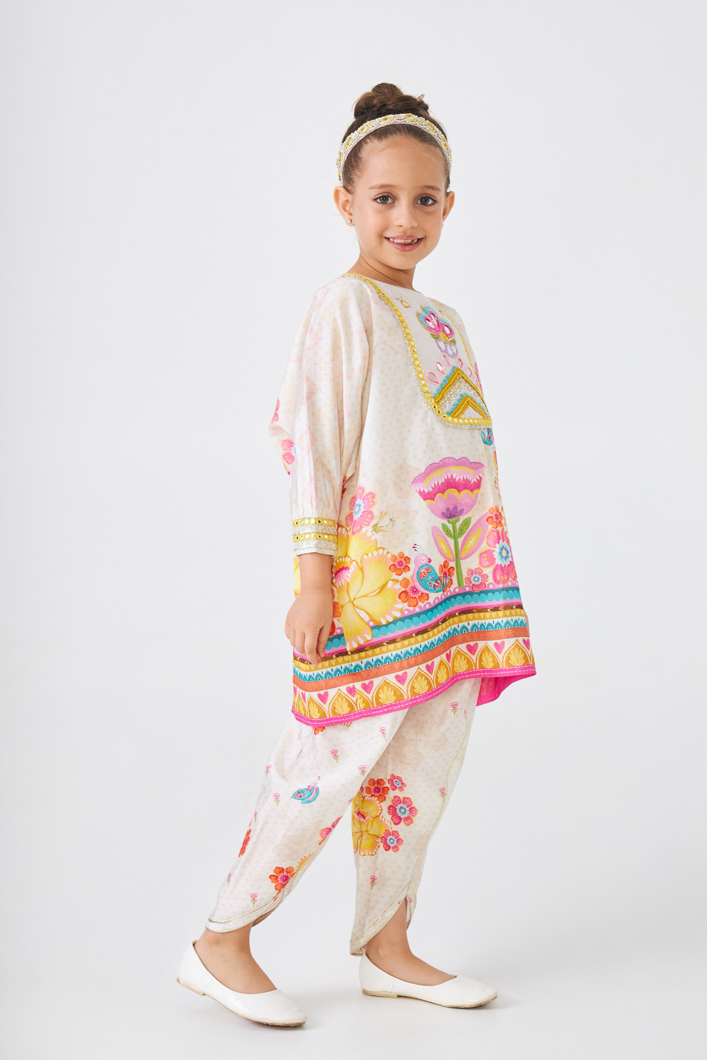 Freya Mustard Embellished Girls Tunic With Tulip Pants (Set of 2 Pcs)
