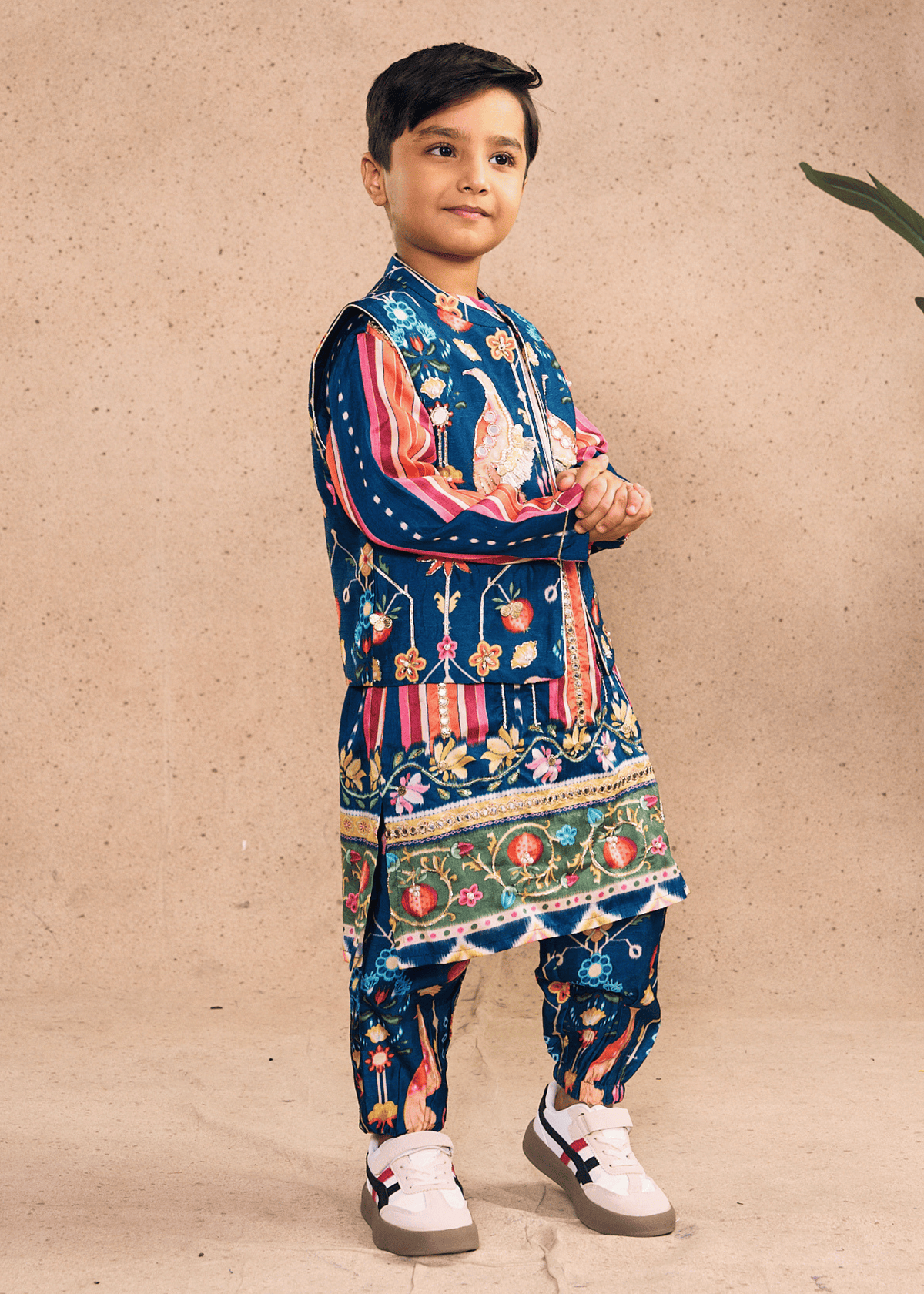 Dalia Navy Stripe Boys Embellished Kurta Coord & Bundi (Set of 3 pcs)
