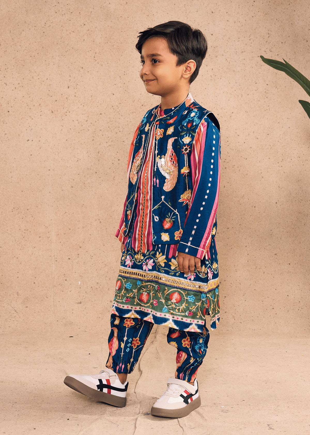 Dalia Navy Stripe Boys Embellished Kurta Coord & Bundi (Set of 3 pcs)