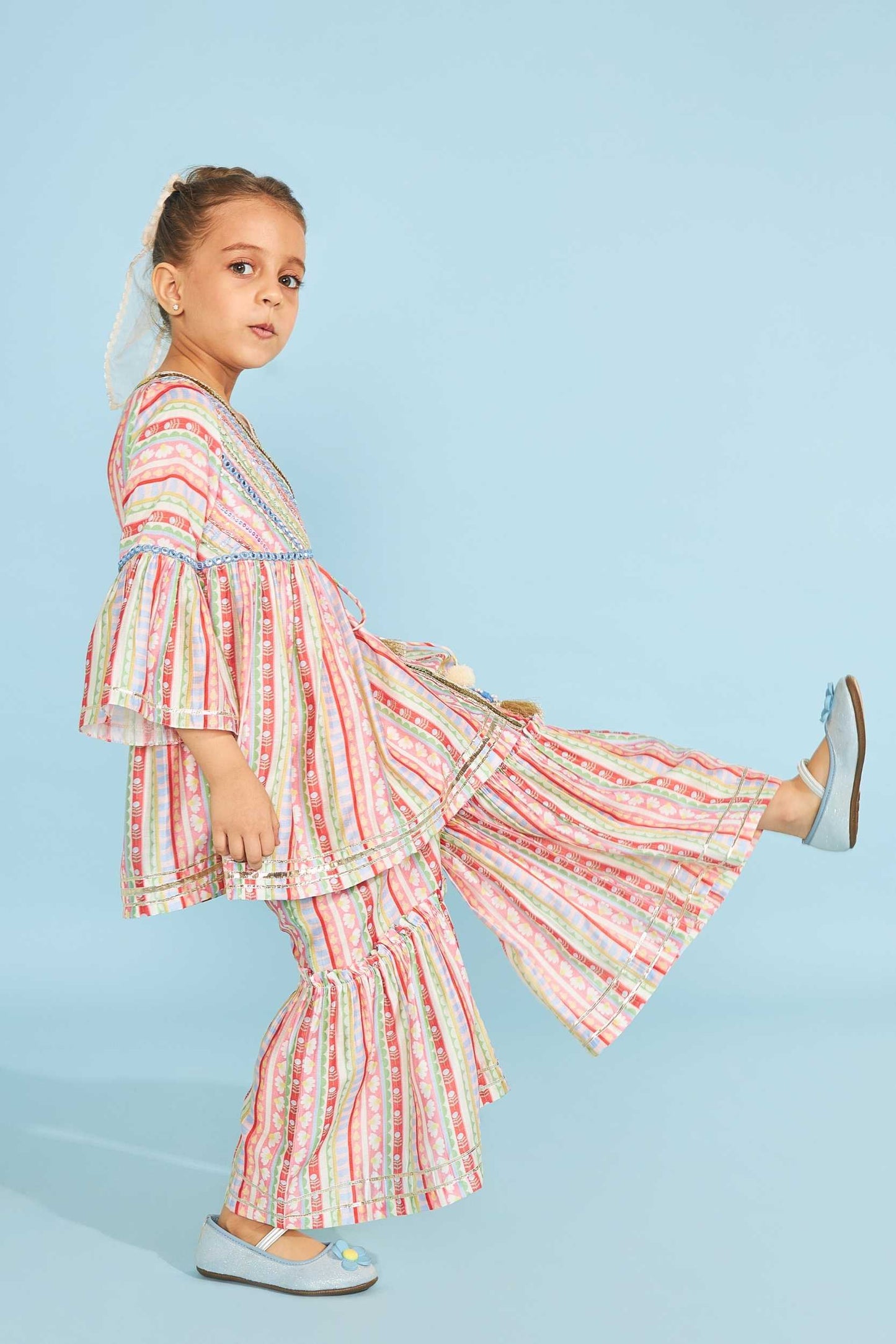 Candy Stripe Girls  Embellished Wrap Top & Flared Trouser Coord (2 Pc Set)