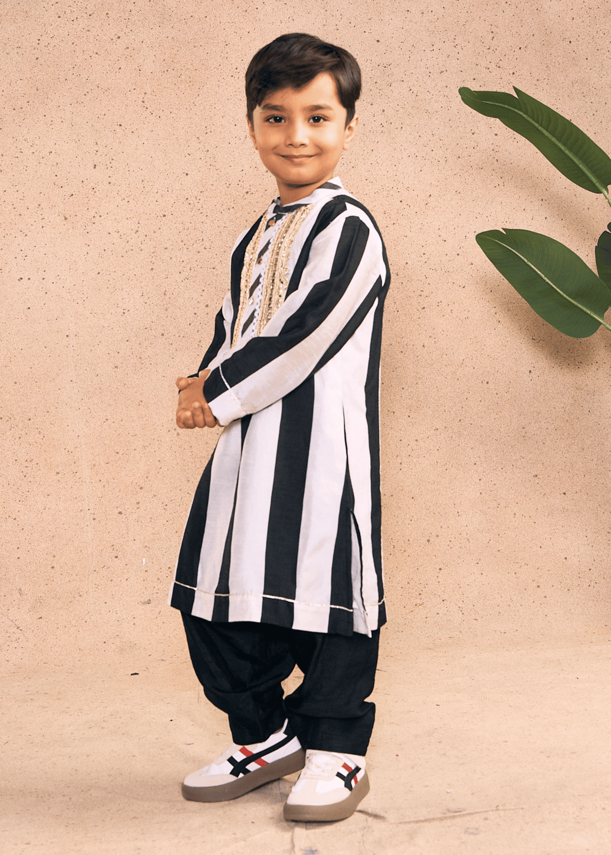 Zoey Stripe Boys Embellished Kurta & Pant Co-ord with Detachable Drape (Set of 2 pcs)