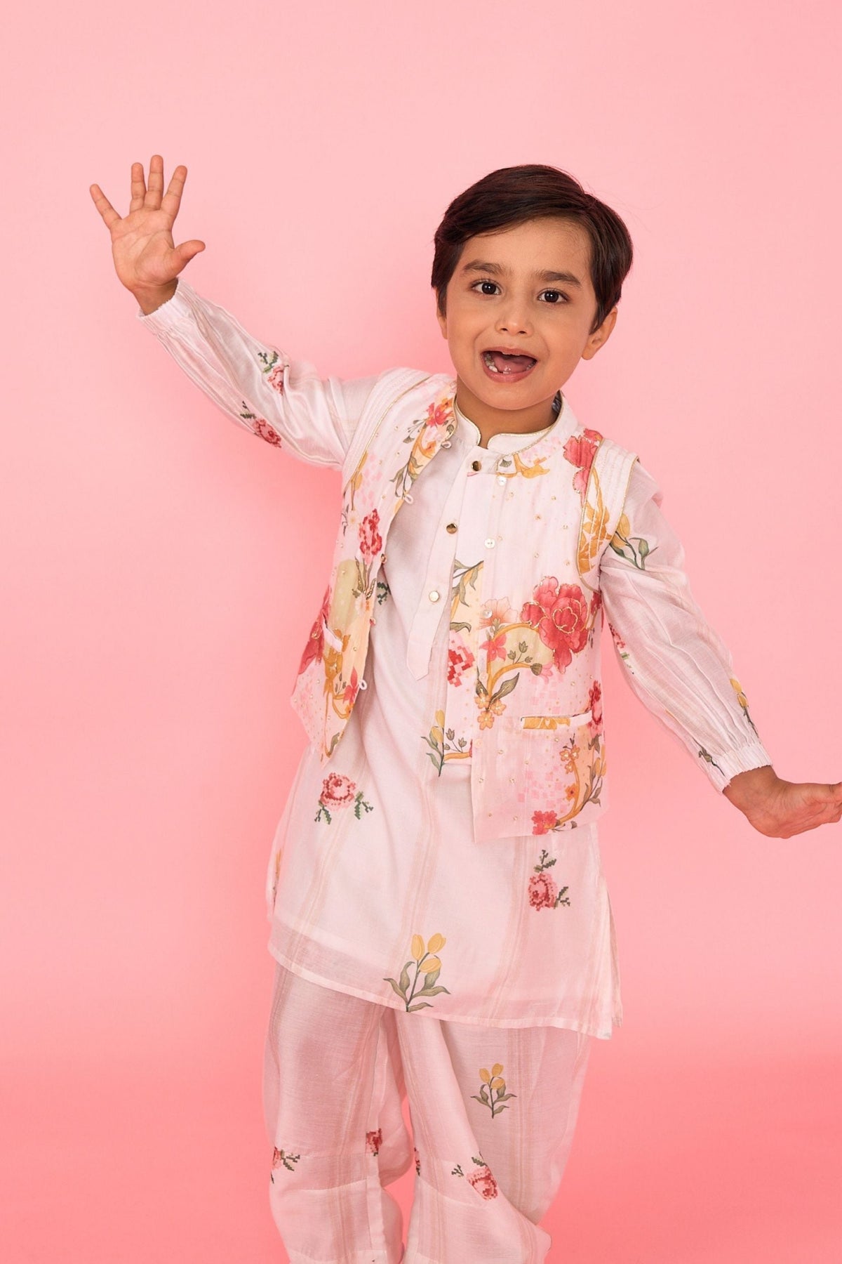 White Makrana Stripes Boys Coord With Embellished Jacket( 3 Pc Set)