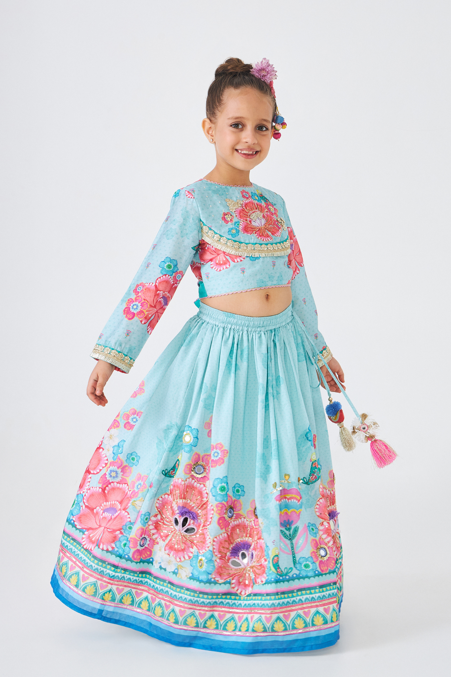 Freya Sage Girls Embellished Top & Lehenga (Set of 3 Pcs)
