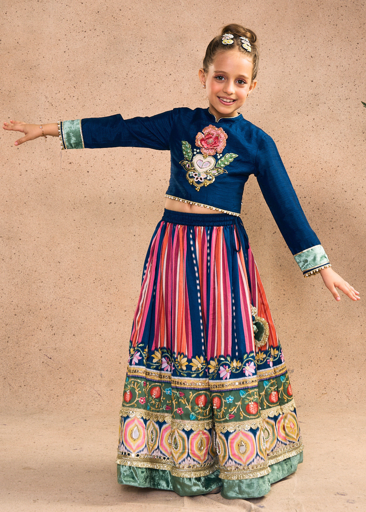 Dalia Navy Girls Embellished Full Sleeves Top, Skirt & Dupatta (Set of 3 pcs)