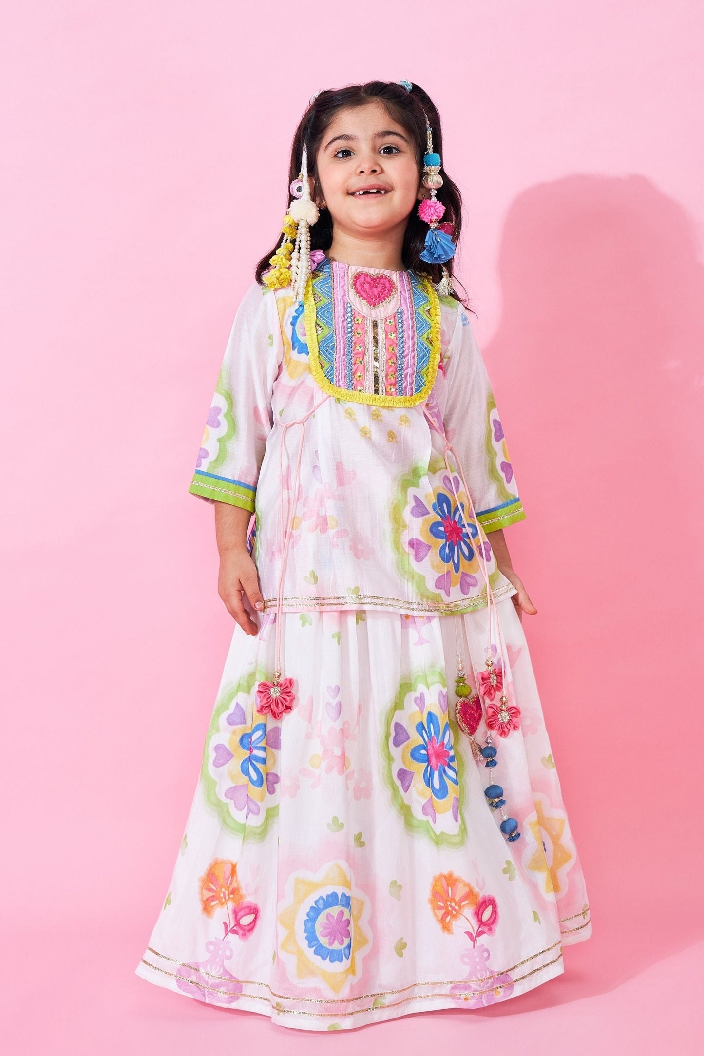 Mae Girls Embellished Long top & lehenga with dupatta ( Set Of 3pcs )