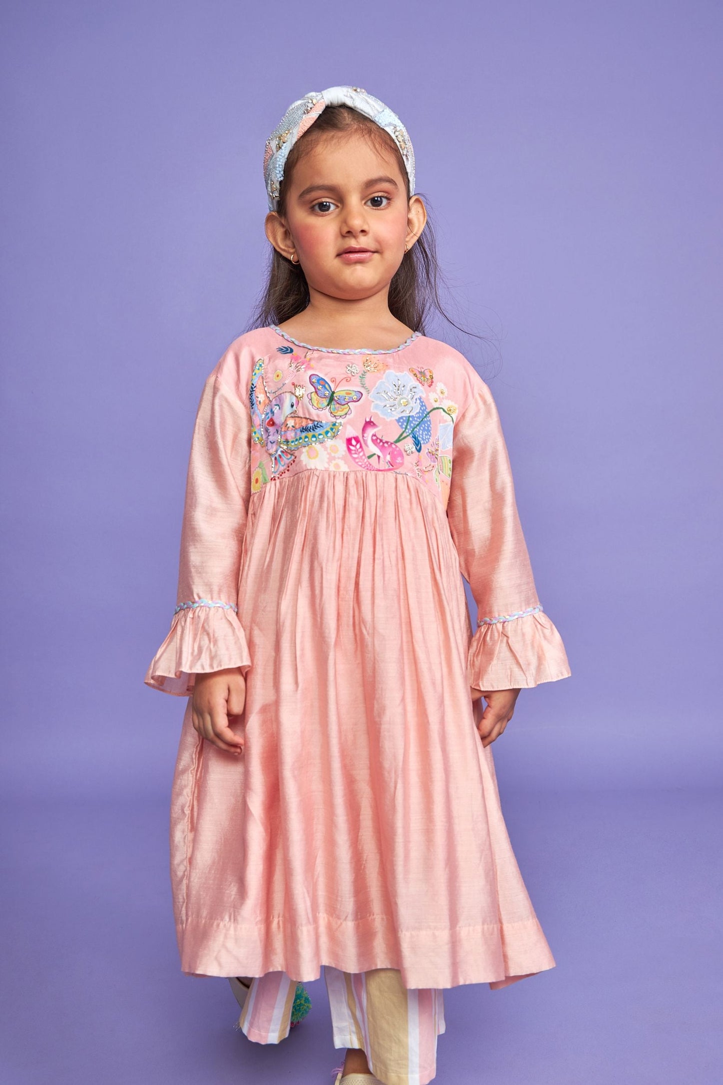 Sparrow Pink Hand Embroidered Cotton/Silk Kids Co-ord Set - Joey & Pooh