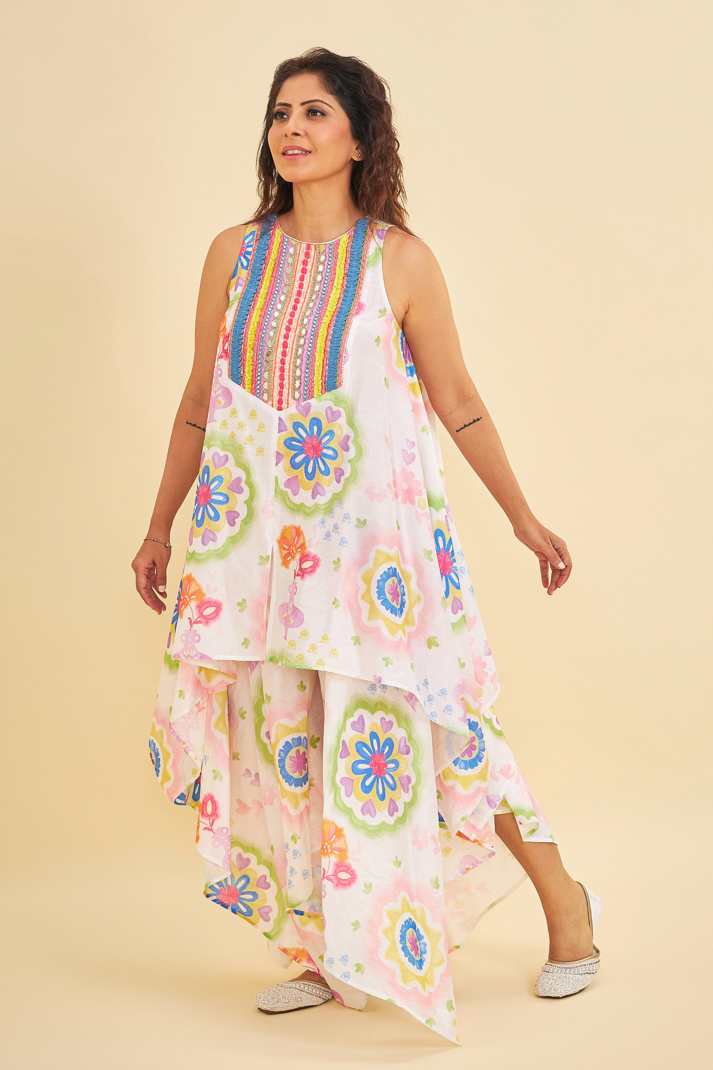 Mae Embroidered Ladies Tunic With Asymmetric Trousers ( Set of 2 Pcs)