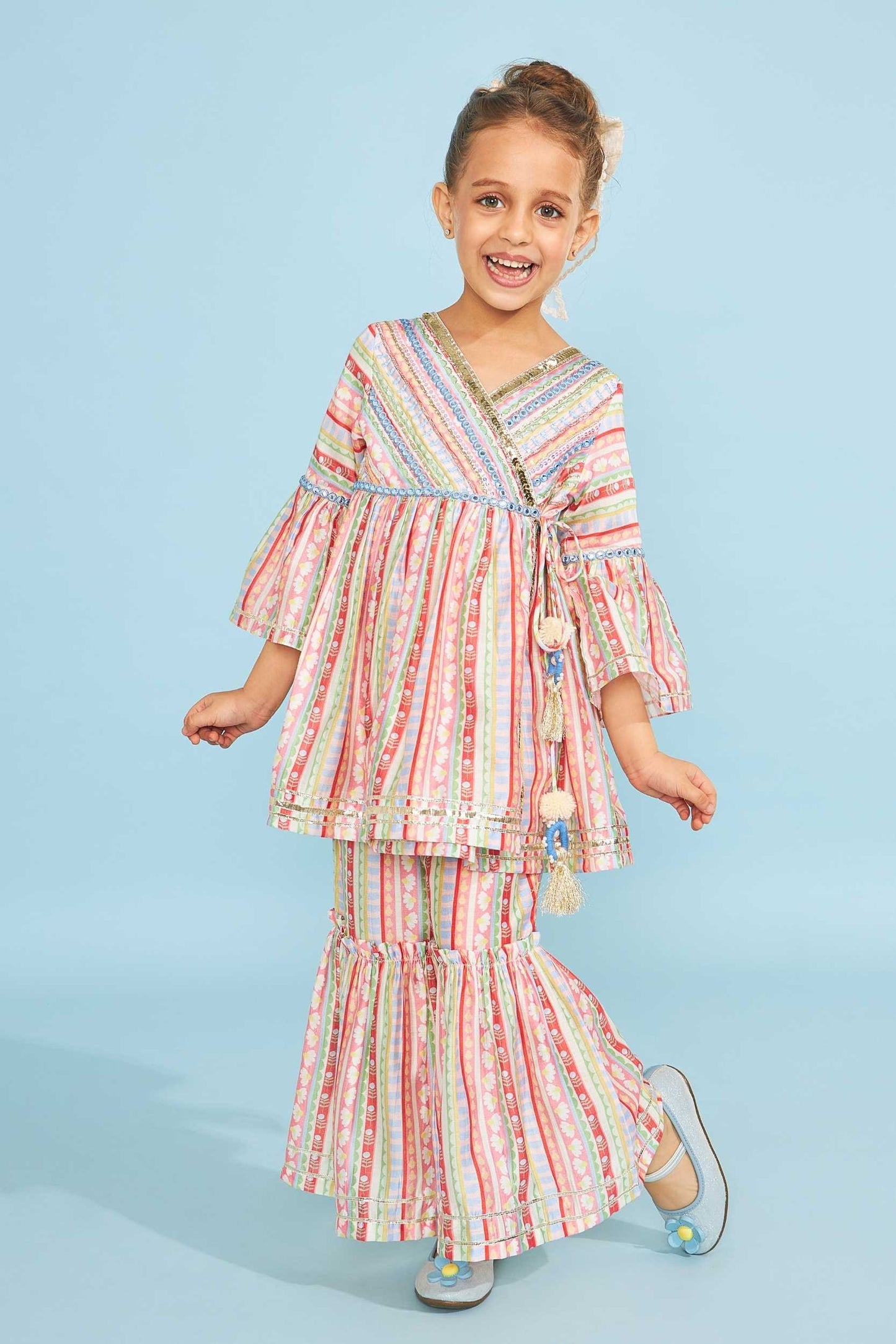 Candy Stripe Girls  Embellished Wrap Top & Flared Trouser Coord (2 Pc Set)