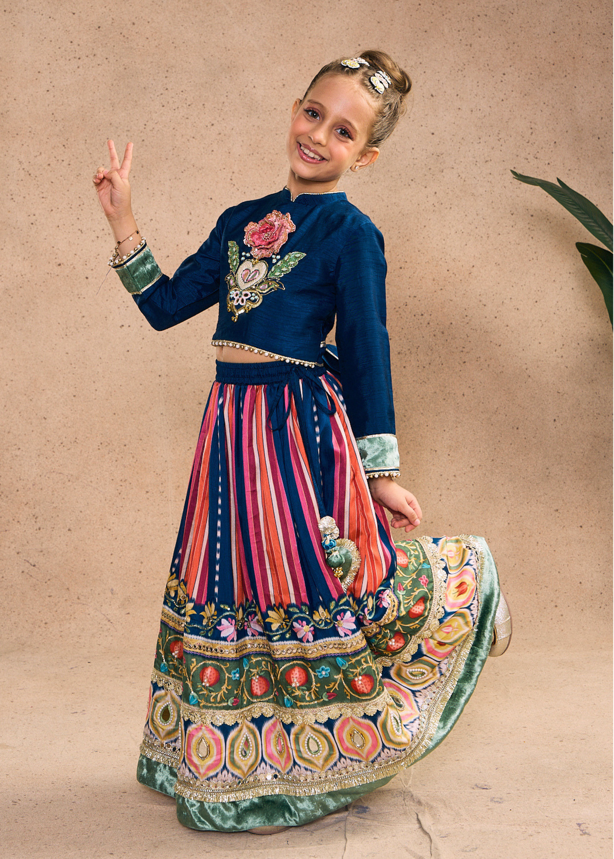 Dalia Navy Girls Embellished Full Sleeves Top, Skirt & Dupatta (Set of 3 pcs)