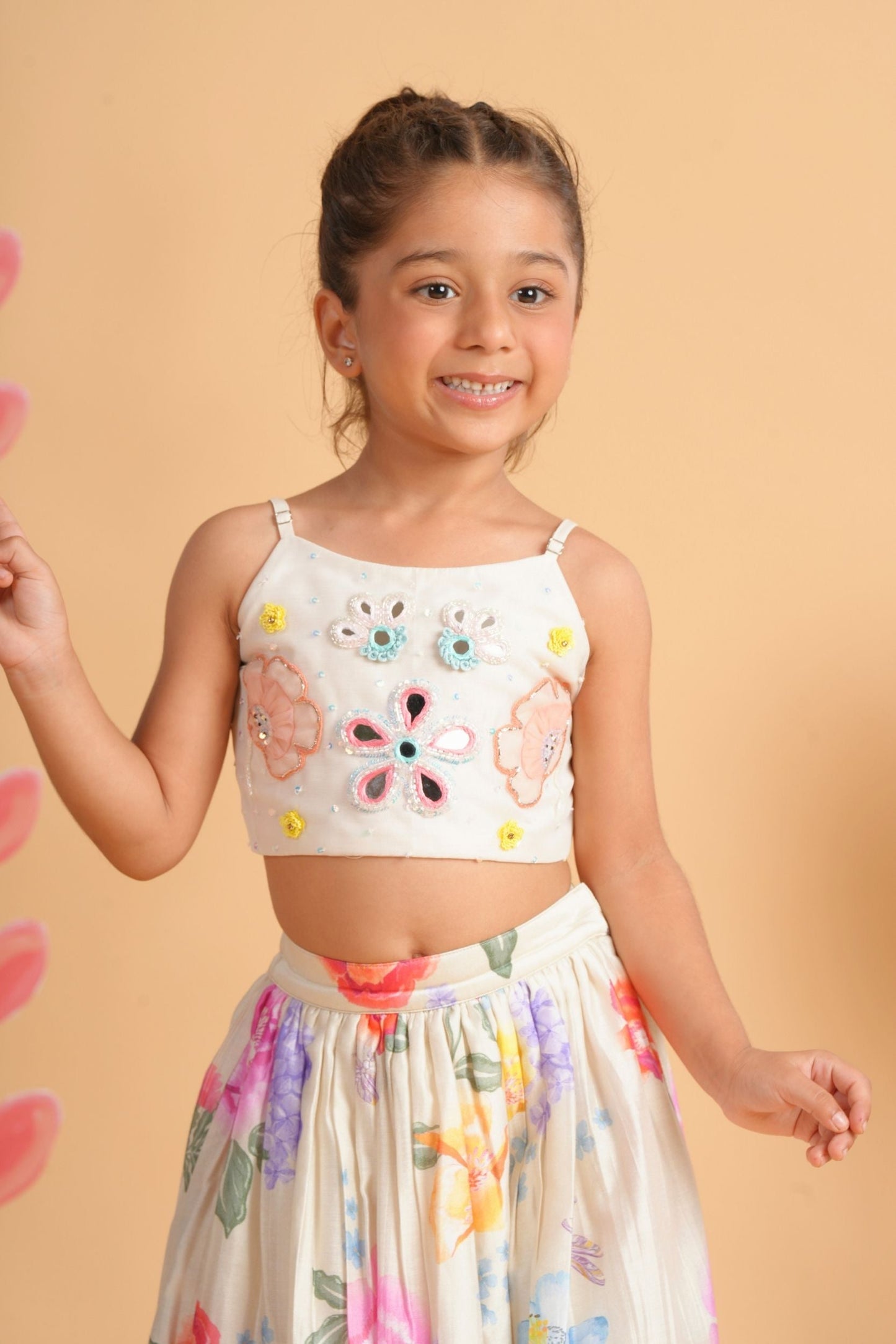 Clea Off-White Girls Skirt with Embellished Crop Top
