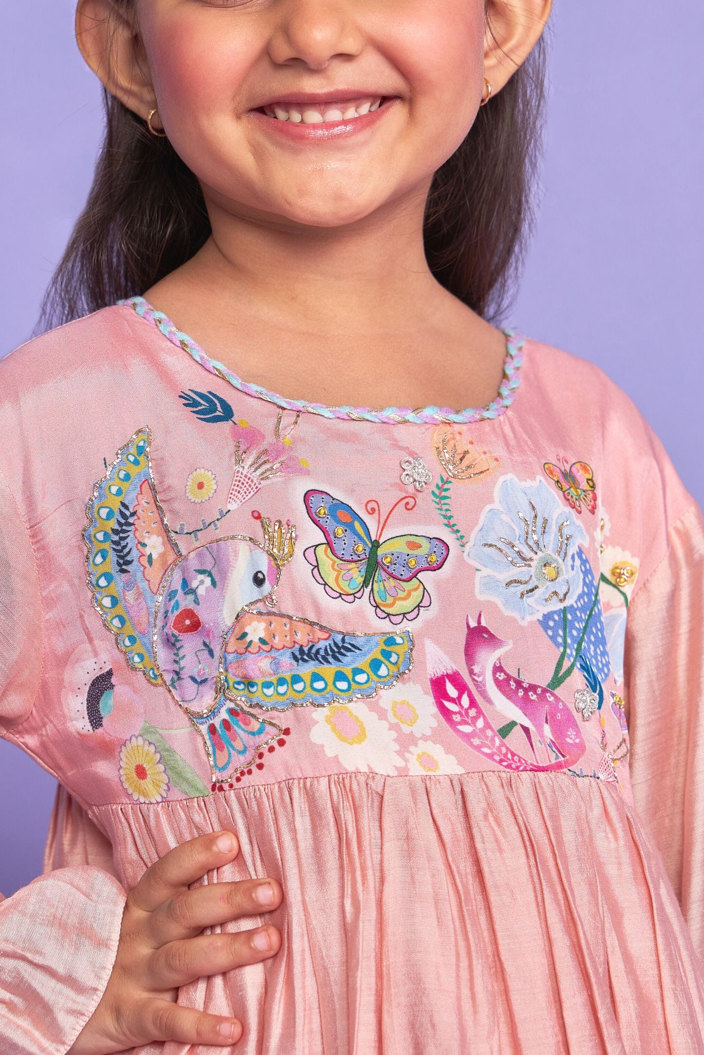 Sparrow Pink Hand Embroidered Cotton/Silk Kids Co-ord Set - Joey & Pooh