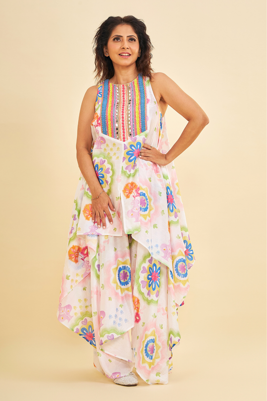 Mae Embroidered Ladies Tunic With Asymmetric Trousers ( Set of 2 Pcs)