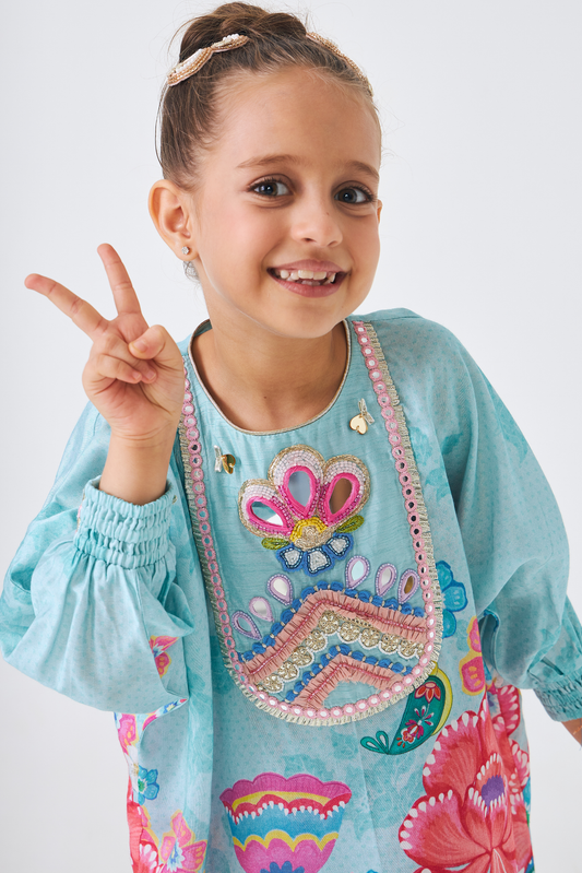 Freya Sage Embellished Girls Tunic With Pants (Set of 2 Pcs)