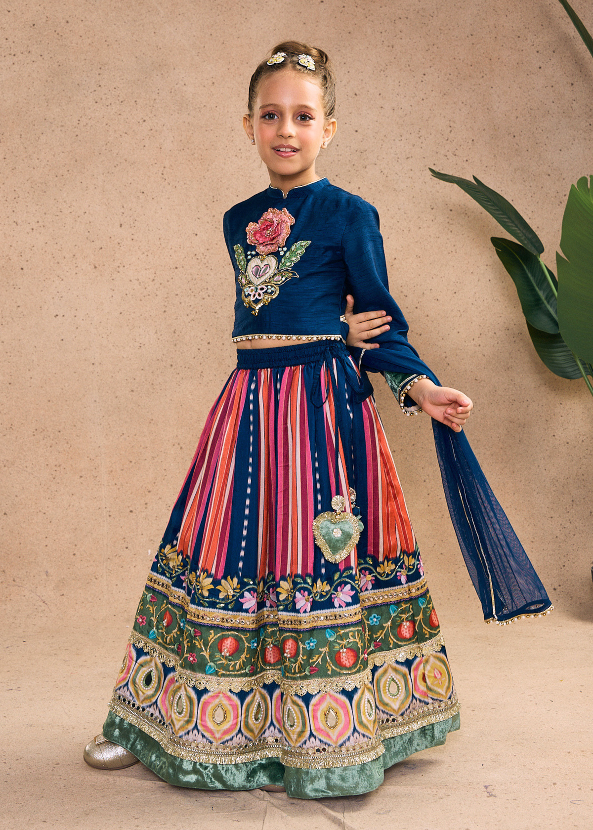 Dalia Navy Girls Embellished Full Sleeves Top, Skirt & Dupatta (Set of 3 pcs)