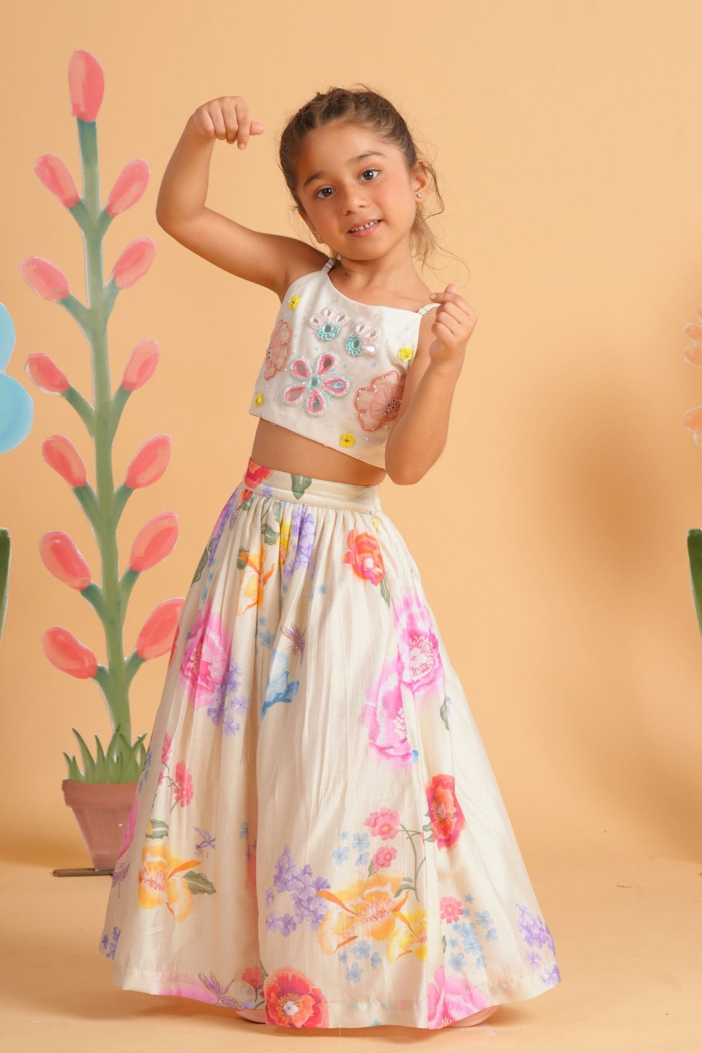 Clea Off-White Girls Skirt with Embellished Crop Top
