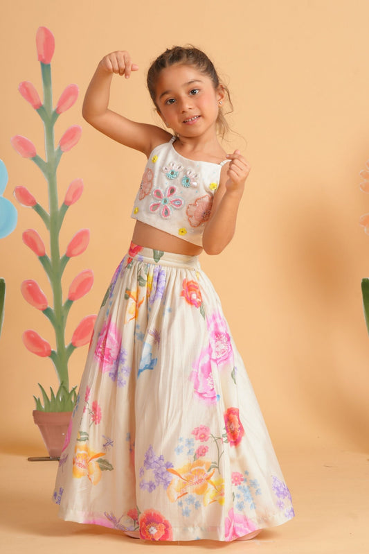 Clea Off-White Girls Skirt with Embellished Crop Top