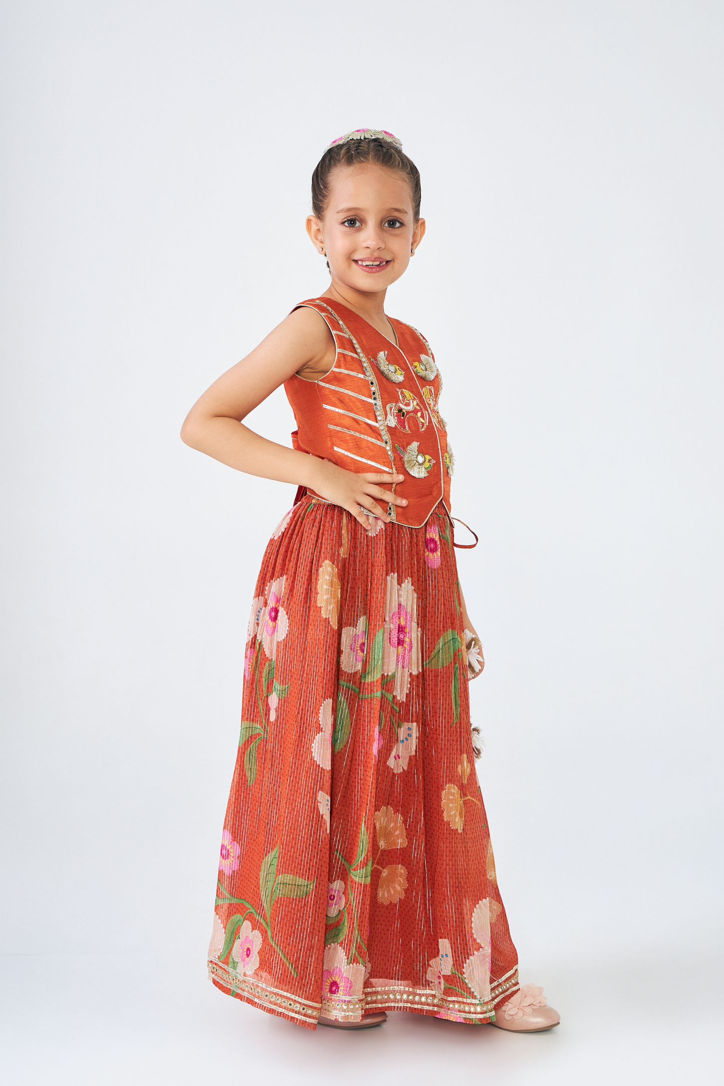 Riva Short Embroidered Girls Top & Skirt (Set of 3 Pcs)