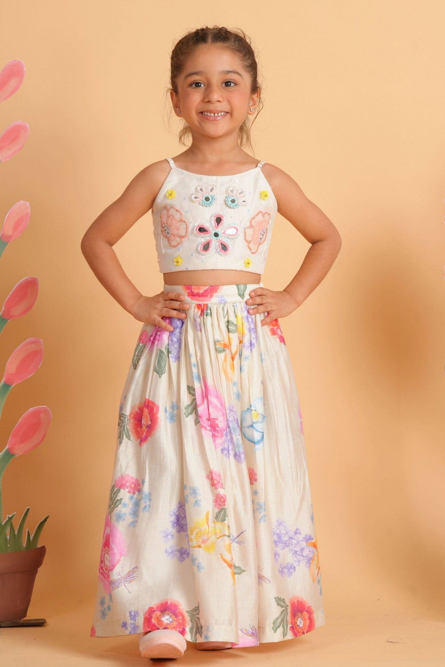 Clea Off-White Girls Skirt with Embellished Crop Top