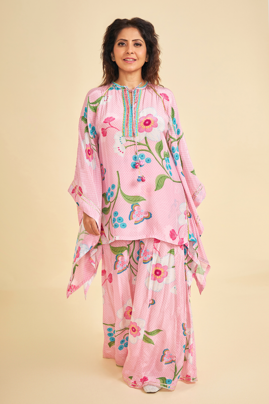 Raya Pink Embroidered Ladies Tunic With Flared Trousers ( Set of 2 Pcs)