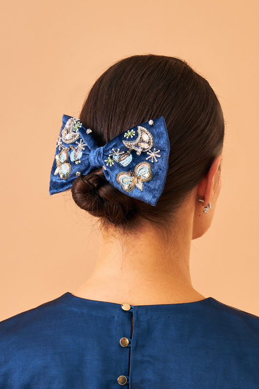 Celeste Navy Ladies Embellished Bow Clip