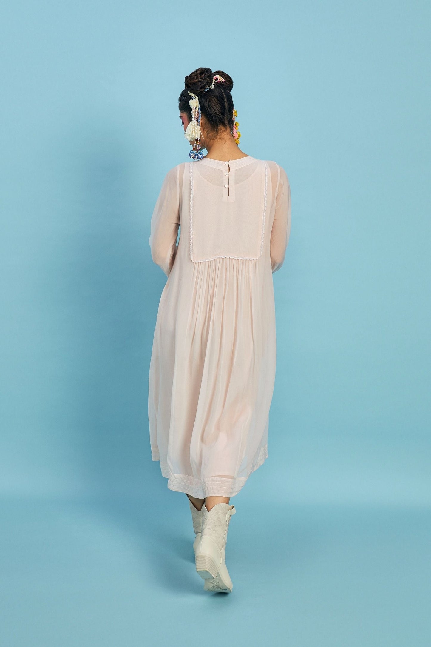 Mirror Yoke Peach Organza embellished Ladies Dress + Trouser