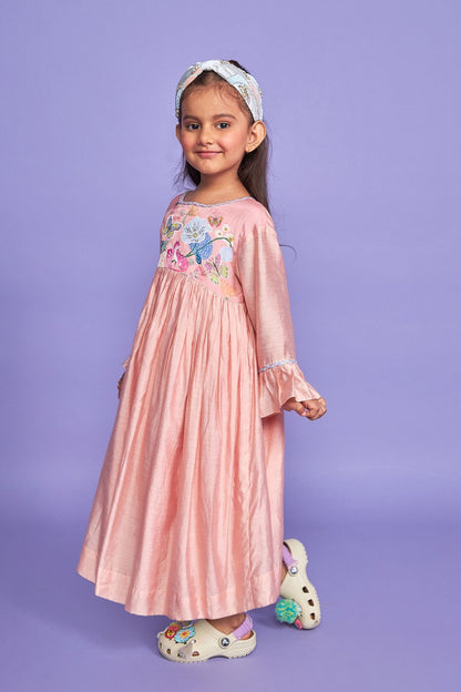 Sparrow Pink Embroidered Yoke Women Long Dress + Sparrow Pink Girls Long dress
