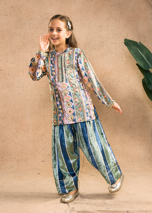 Melanie Stripe Girls Velvet Tunic & Trouser (Set of 2 pcs)
