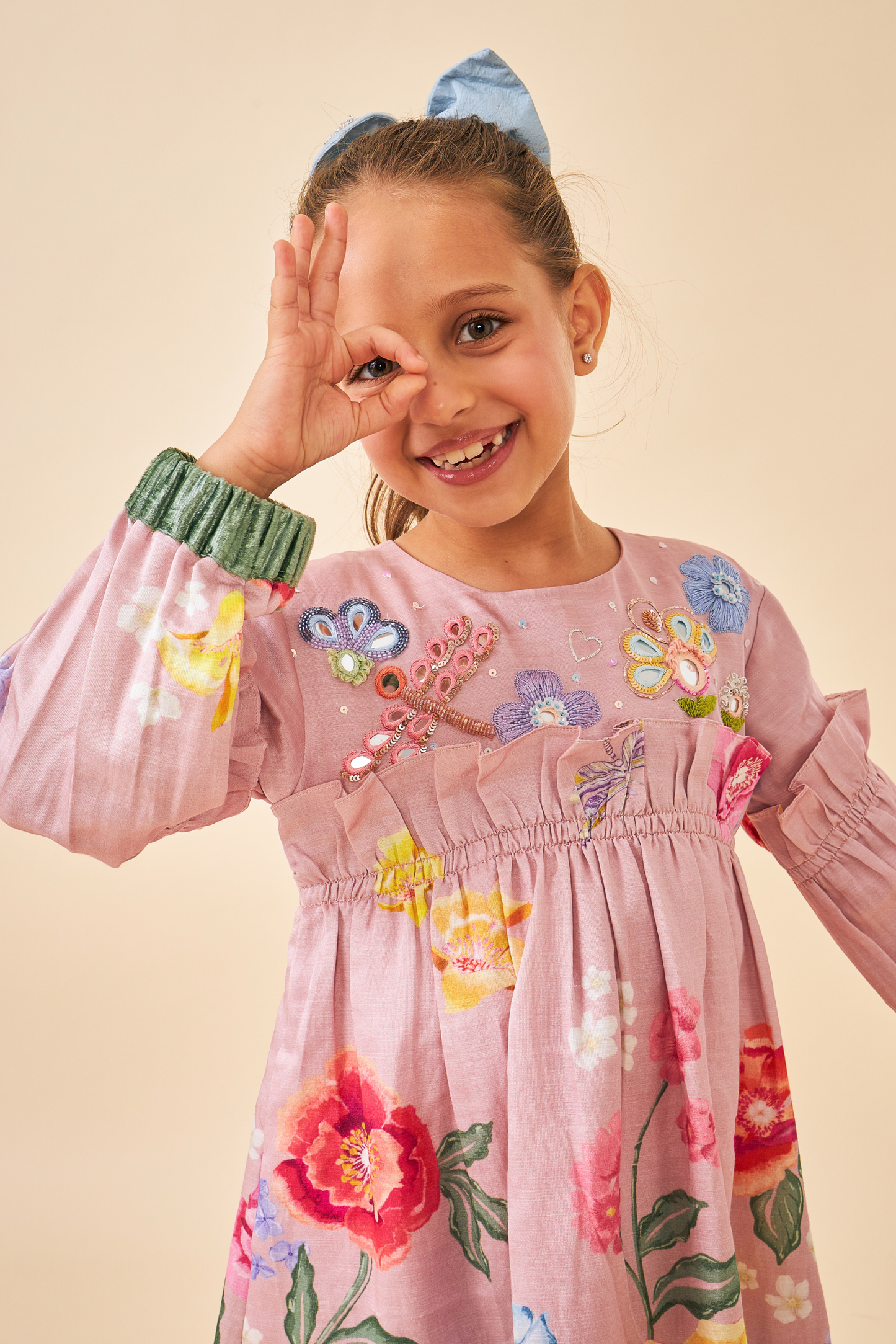 Zehra Pink Girls embroidered Frill Dress
