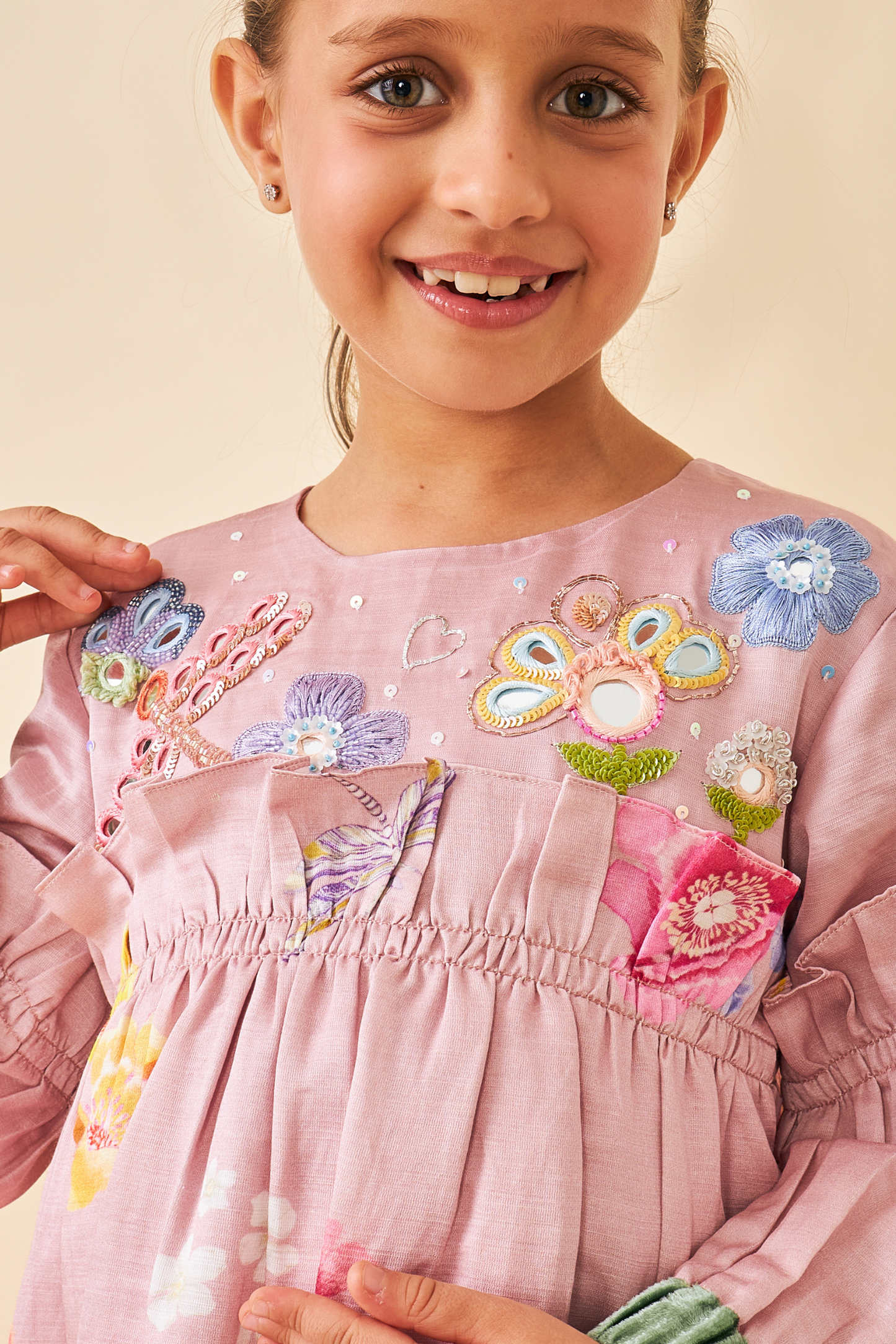 Zehra Pink Girls embroidered Frill Dress