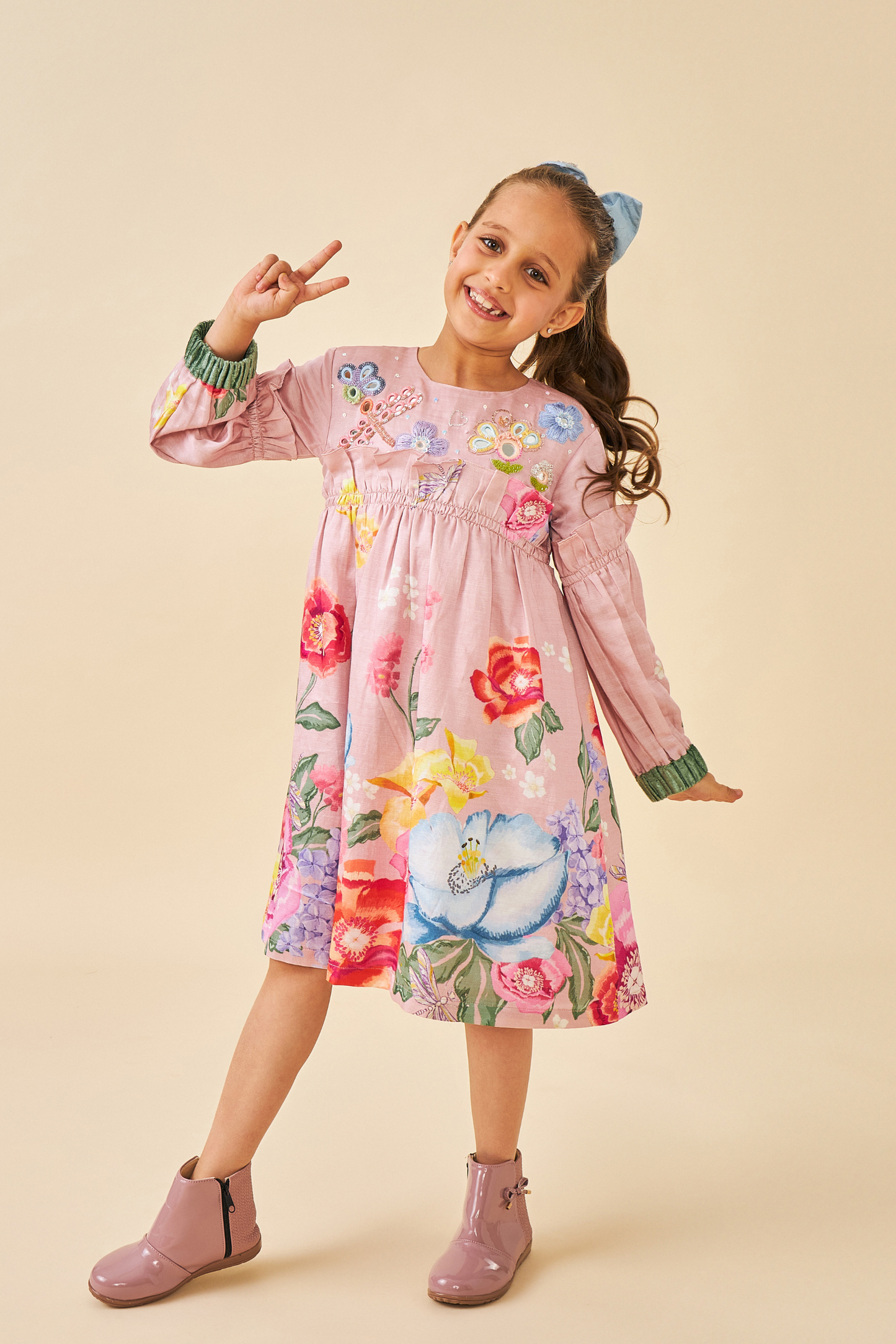 Zehra Pink Girls embroidered Frill Dress