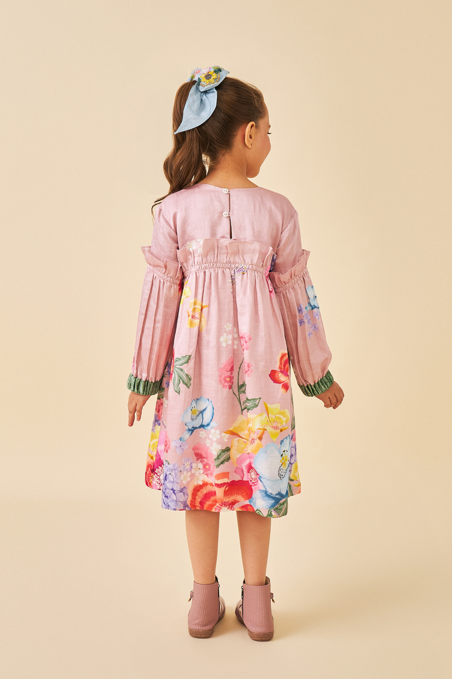 Zehra Pink Girls embroidered Frill Dress
