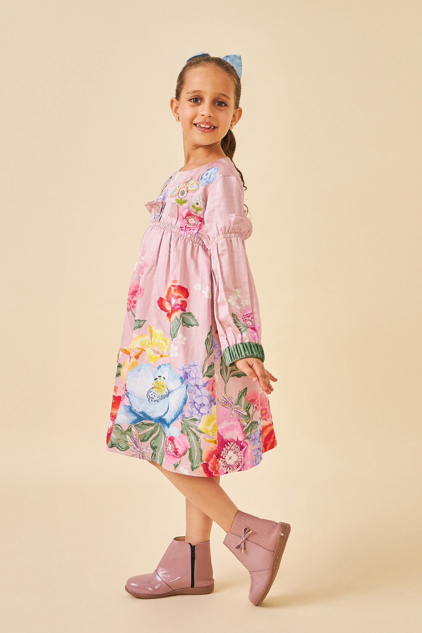 Zehra Pink Girls embroidered Frill Dress