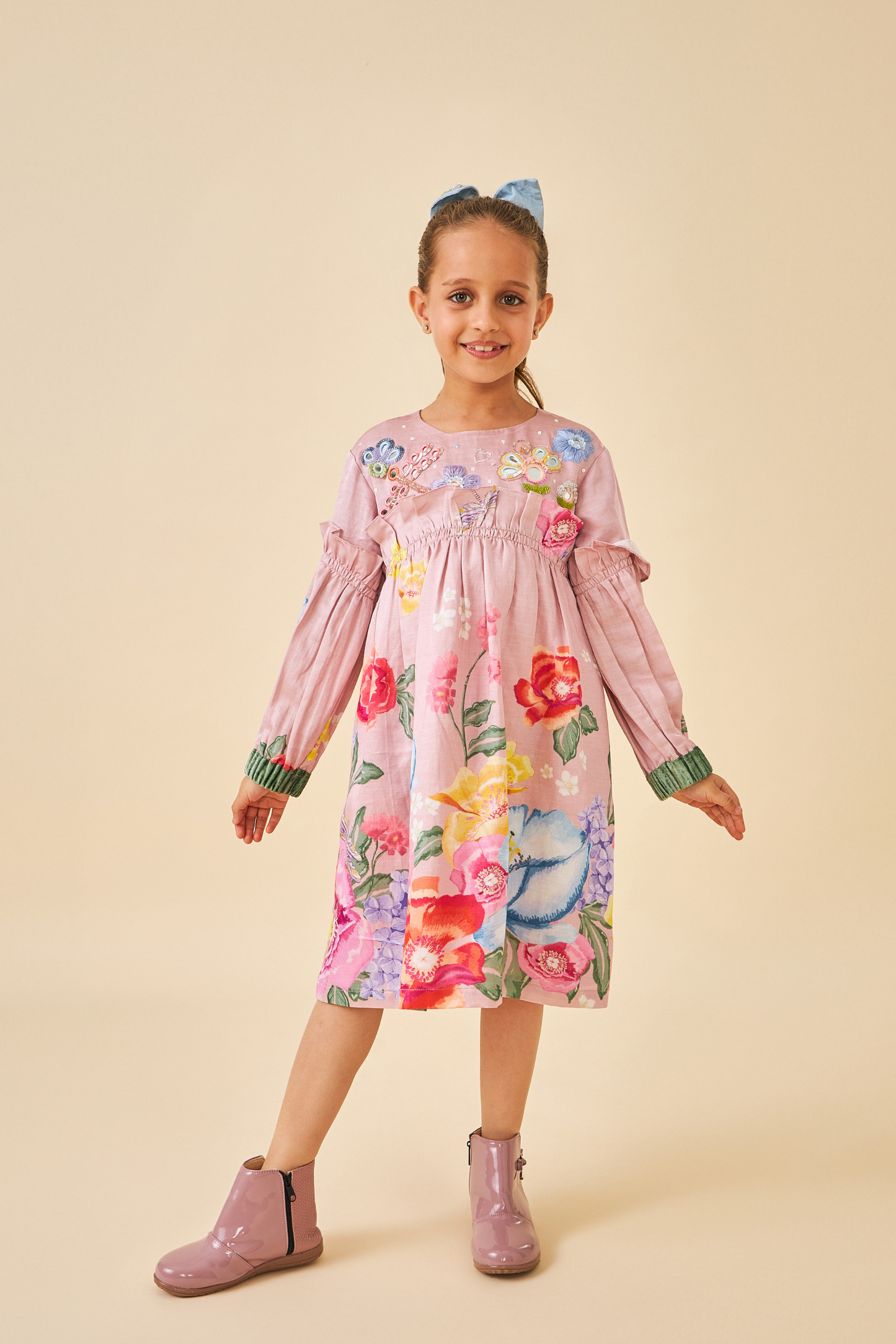 Zehra Pink Girls embroidered Frill Dress
