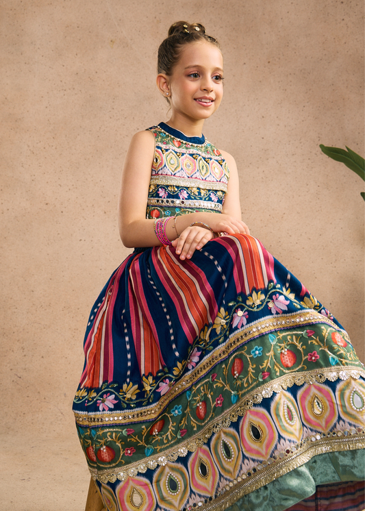 Dalia Navy Girls Embellished Crop Top, Skirt & Dupatta (Set of 3 pcs)