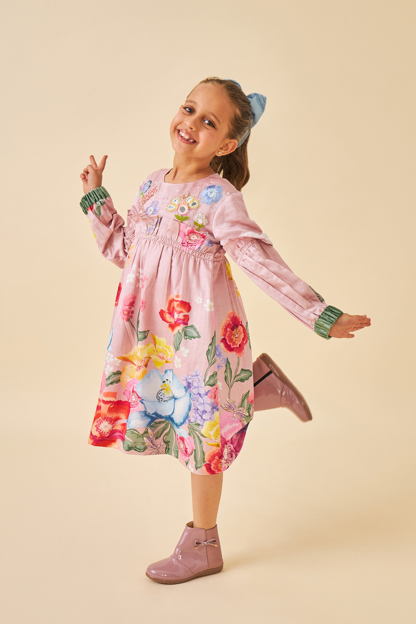 Zehra Pink Girls embroidered Frill Dress