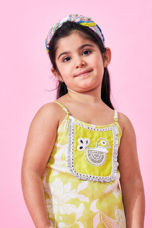 Poppy Yellow Girls Embellished Long Top and Flared trousers with dupatta ( Set of 3 pcs)