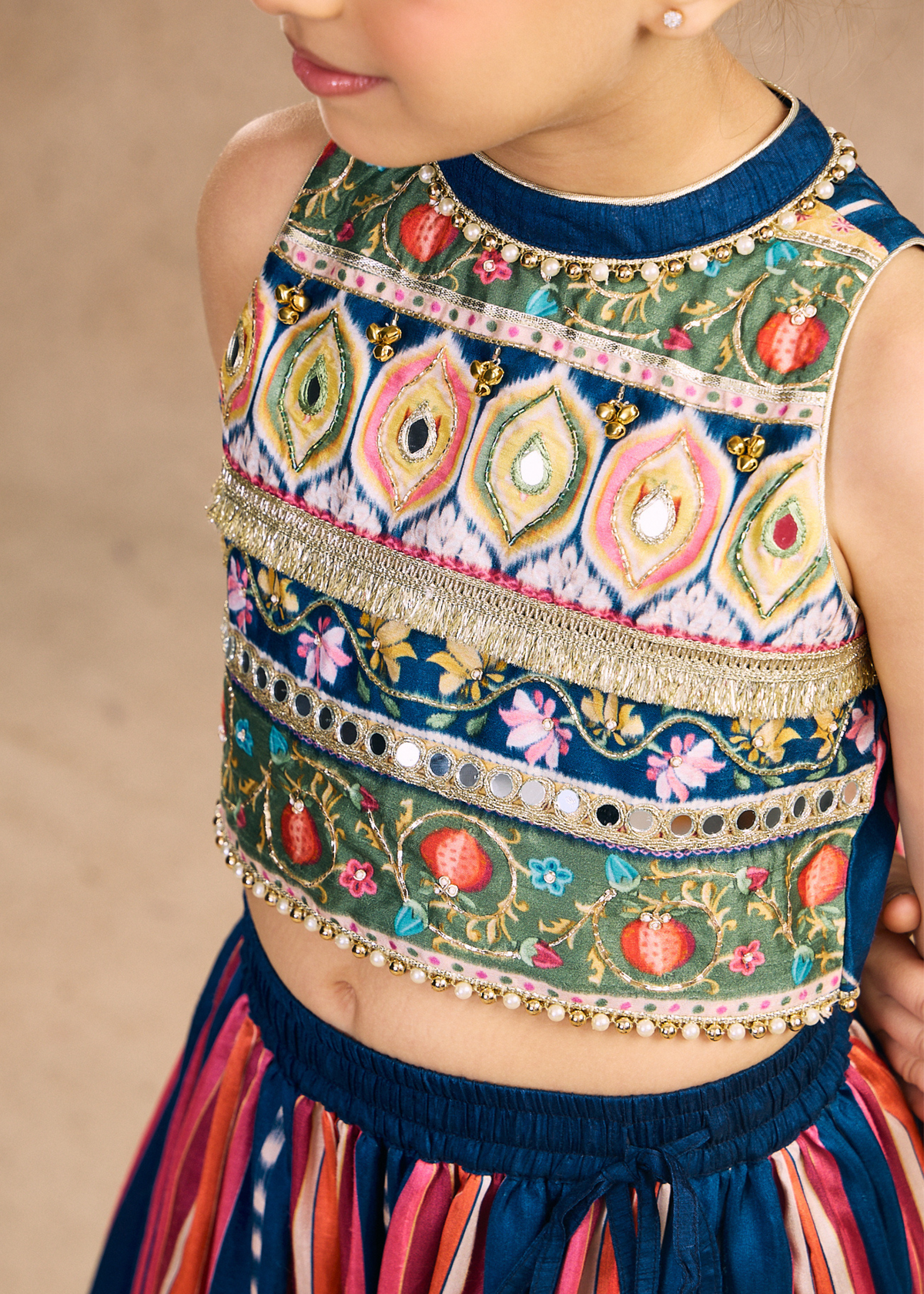 Dalia Navy Girls Embellished Crop Top, Skirt & Dupatta (Set of 3 pcs)