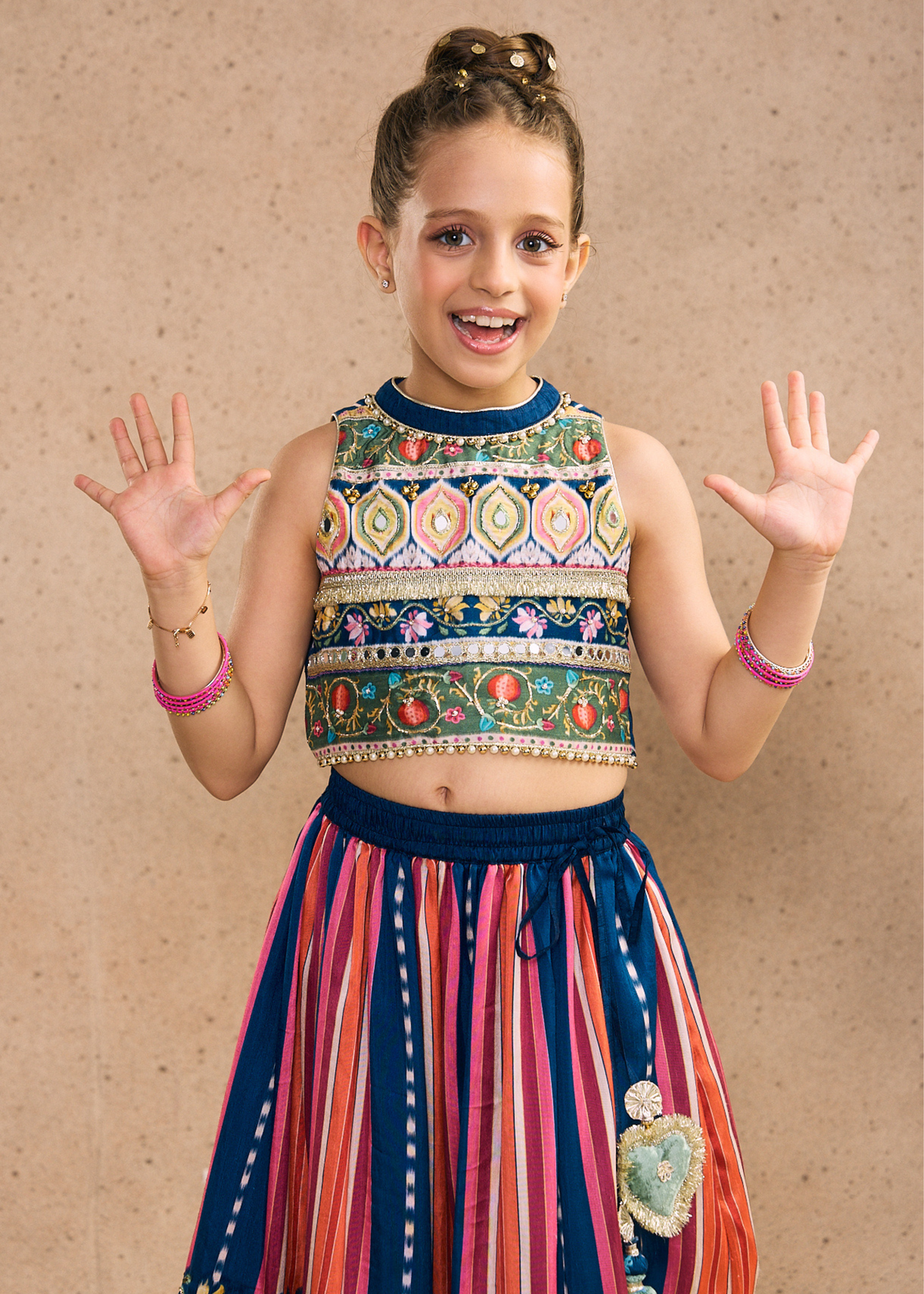 Dalia Navy Girls Embellished Crop Top, Skirt & Dupatta (Set of 3 pcs)