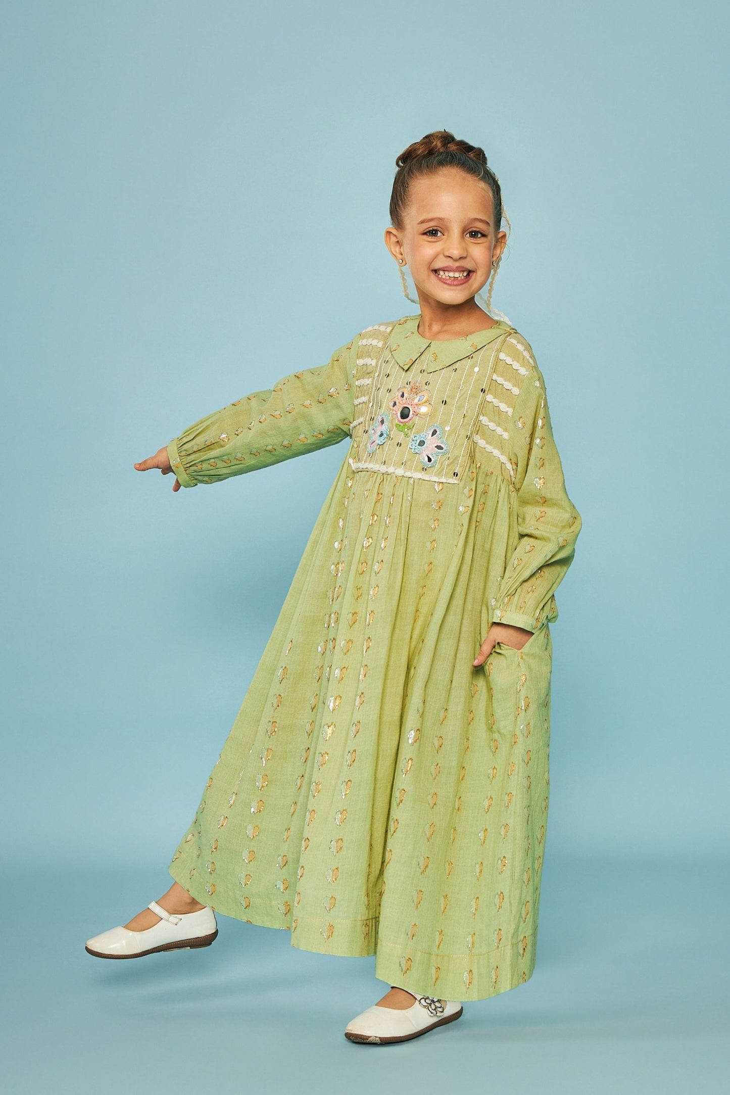 Thea Olive Girls Embellished Long Dress