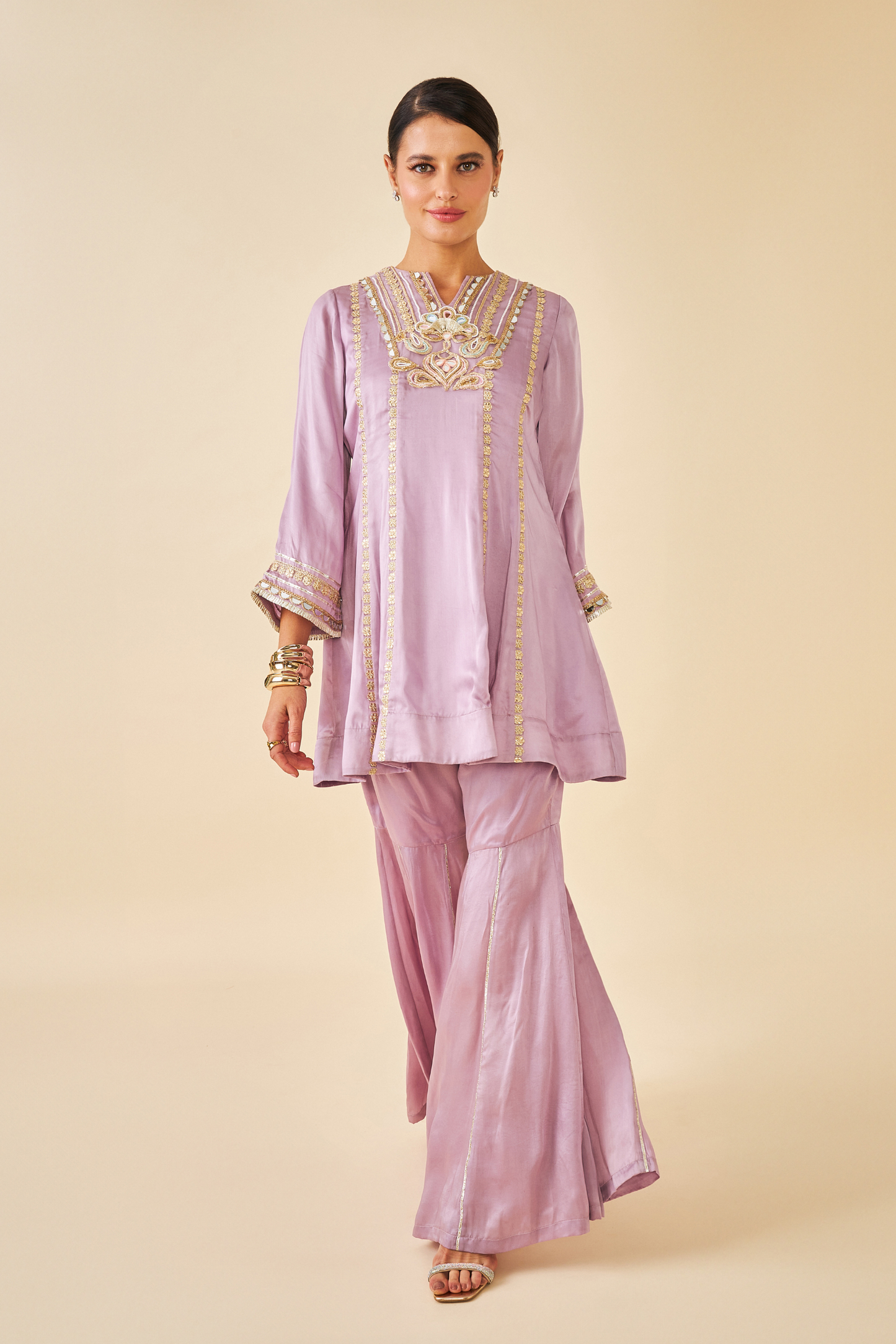 Ivora Lavender Ladies Embellished Tunic With Flared Trousers Co-ord ( Set of 2pcs )