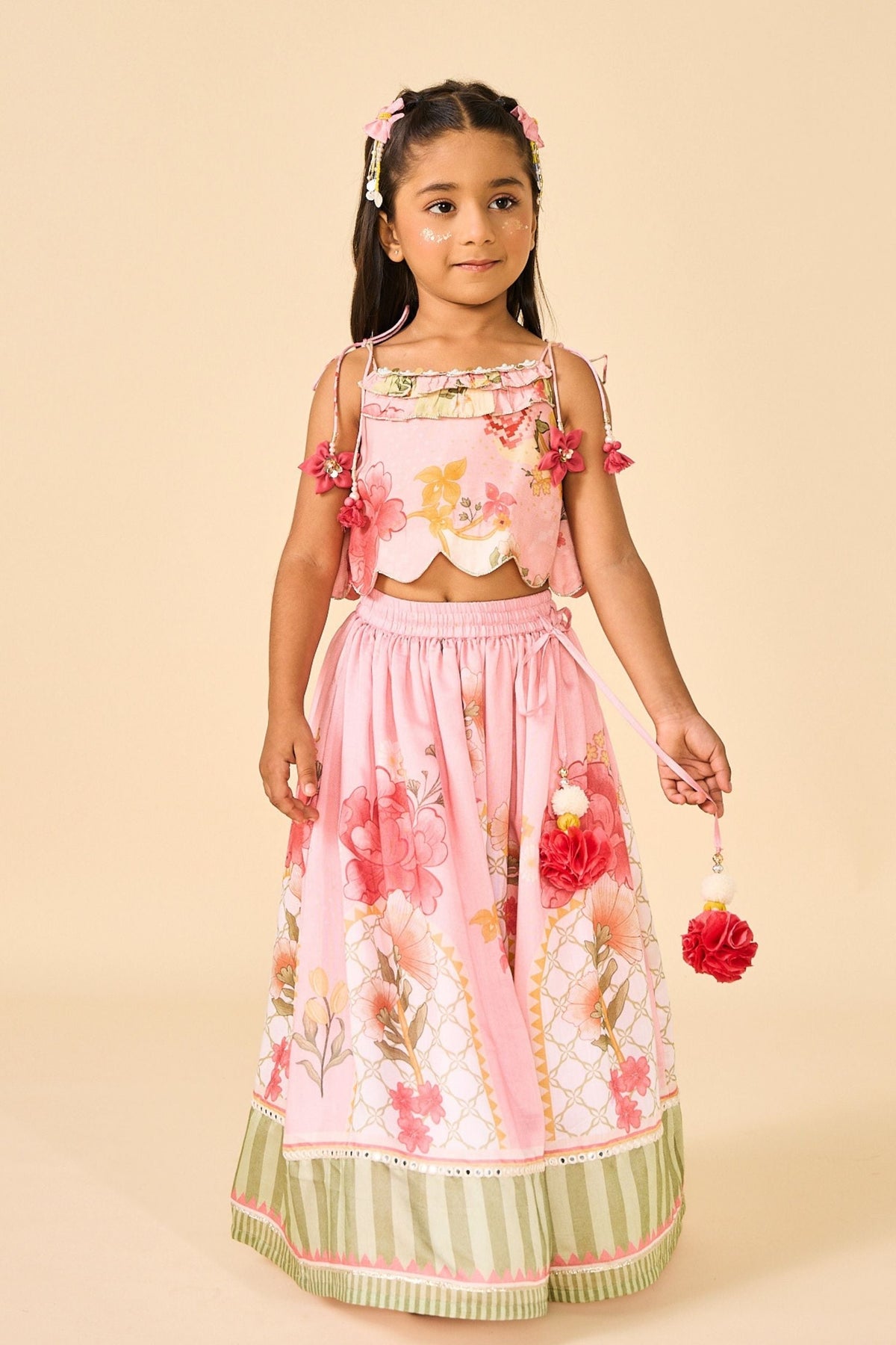 Rose Jaipur Girls Embellished Strappy Top And Skirt
