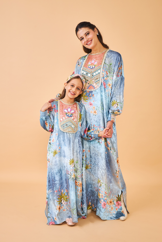 Clea Blue Velvet Long Dress - Mom & Me