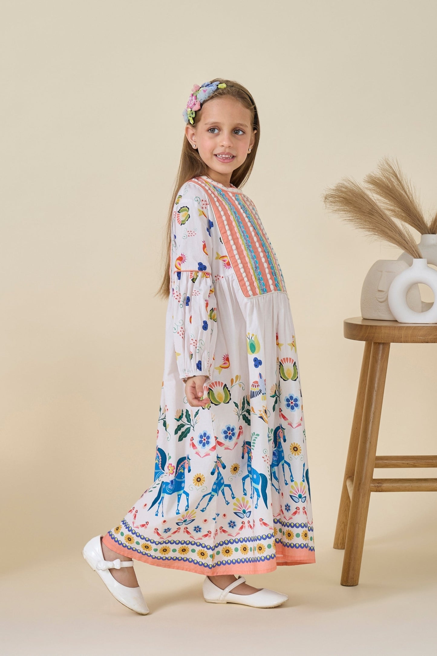 Cuckoo Horse Embellished Girls Long Dress